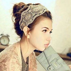 Beige and Gold Lace Embroidered Wide Headband